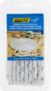 Seachoice 47571 Premium 3-Strand Twisted Nylon Dock Line with Tracer, White w/Blue Tracer, 1/2-Inch x 25 Feet, 10-Inch Eye Splice - Clauss Marine